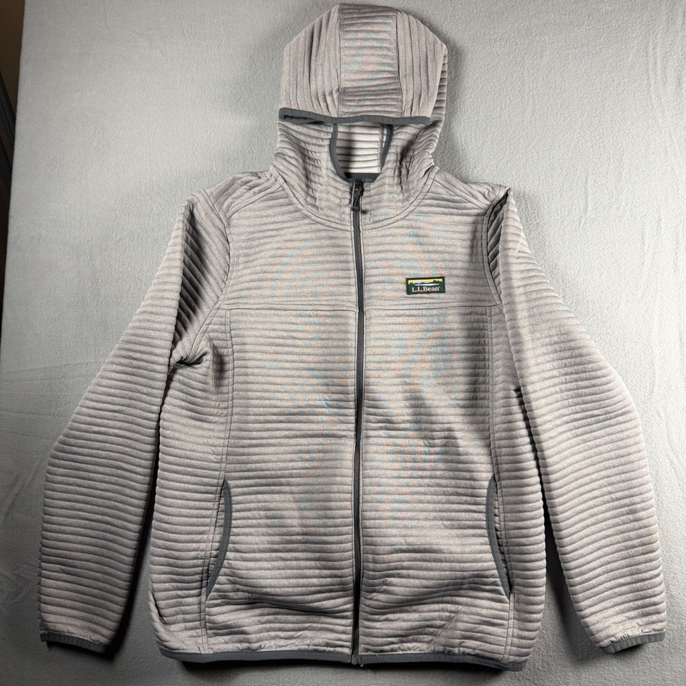 LL Bean Mens M Airlight Knit Full Zip Hoodie Gray Textured Grid Fleece 507507